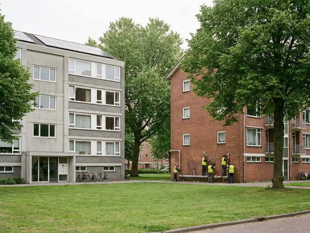 Moderne sociale huurflat met zonnepanelen op het dak naast traditioneel bakstenen appartementengebouw met afgekoppelde gasleidingen, omgeven door bomen.