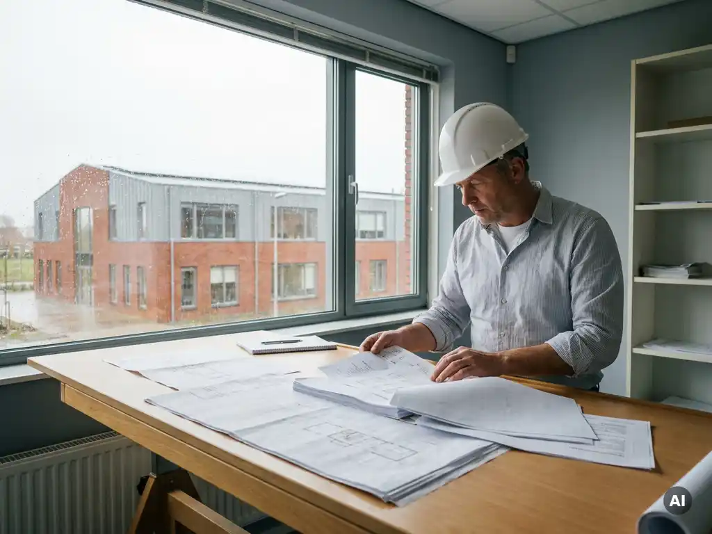 Bouwmanager bestudeert aanbestedingsdocumenten op tekentafel, modern Nederlands schoolgebouw zichtbaar door raam op achtergrond.