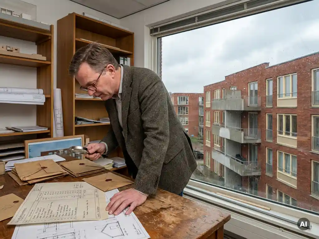 Projectmanager bestudeert verzegelde aanbestedingsenveloppen op eikenhouten bureau met kostenspecificatie, Nederlandse sociale woningbouw zichtbaar door raam.