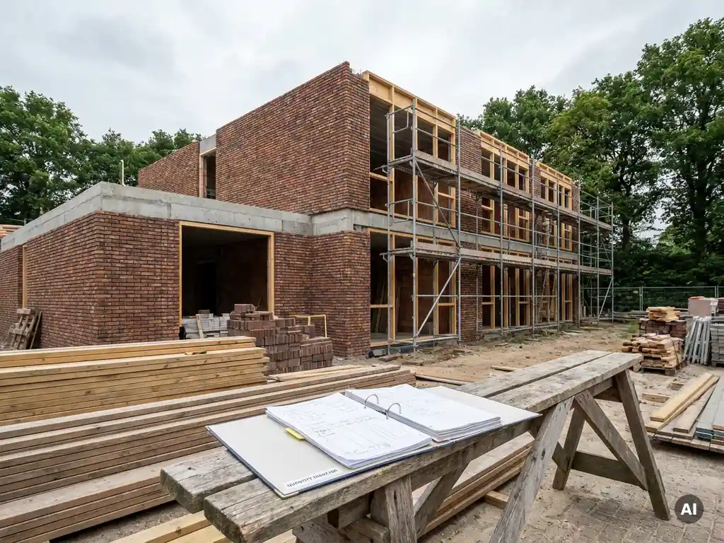 Nederlandstalige basisschool in aanbouw met steigers, kostenbinder op een zaagbok op de voorgrond, bakstenen gevel en houten constructie zichtbaar.
