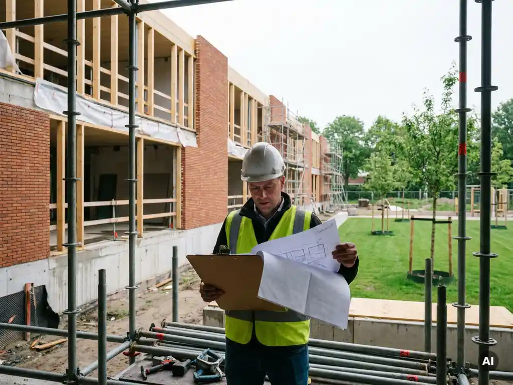 Projectmanager bekijkt technische tekeningen bij bouw van Nederlandse basisschool met houten skelet en bakstenen gevel.