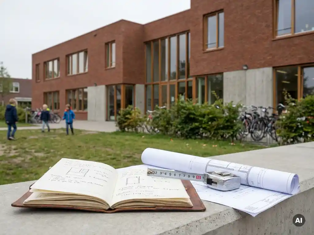 Notitieboek en meetlint op bouwtekeningen voor een moderne Nederlandse basisschool met bakstenen gevel en schoolplein.