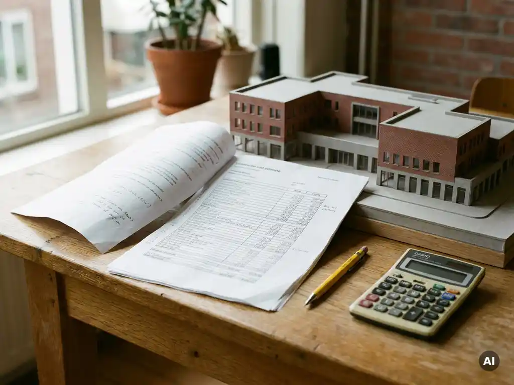 Bouwkostenraming op eikenhouten bureau naast schaalmodel van Nederlandse school, met gele mechanische potlood en rekenmachine.