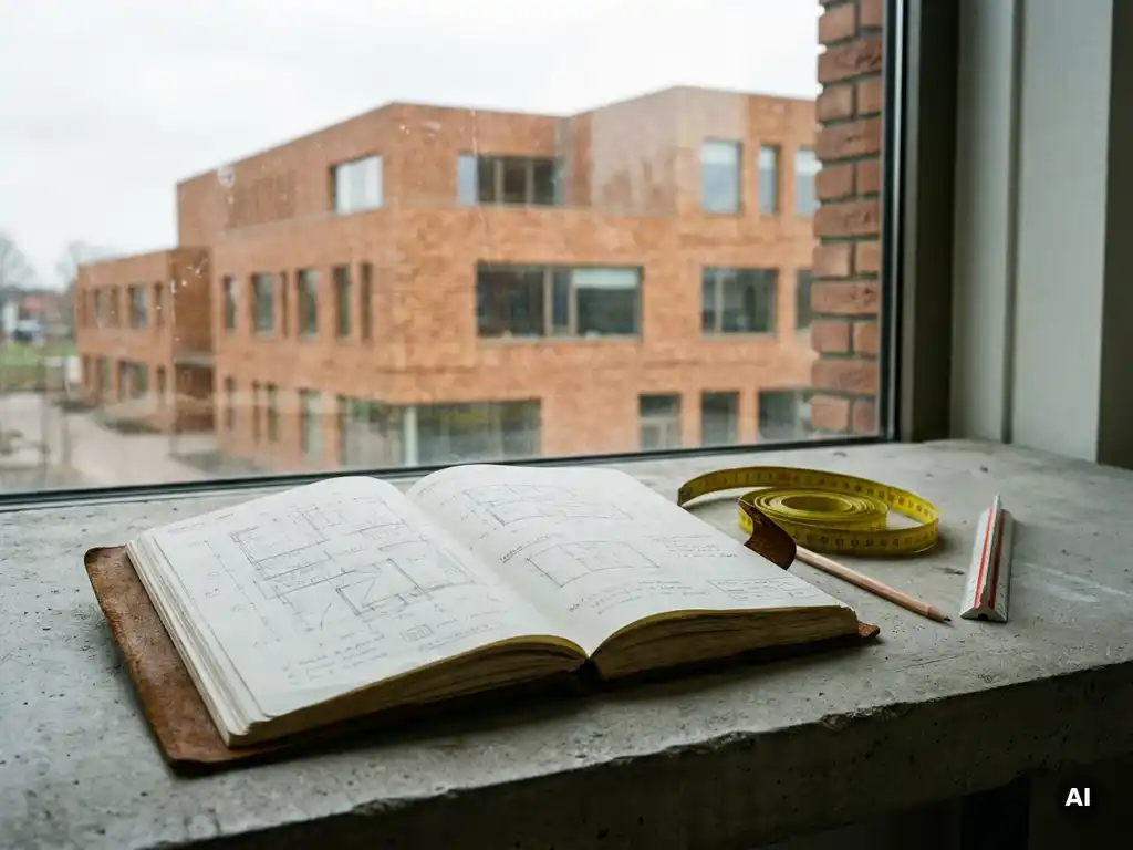 Versleten leren notitieboek met handgetekende plattegronden van een schoolgebouw, omringd door meetlint en schaallat op een betonnen werktafel.