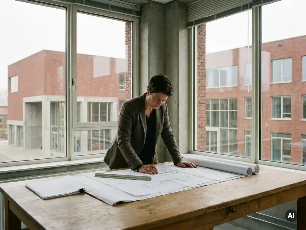 Bouwkostendeskundige bestudeert technische tekeningen op eikenhouten tafel, met Nederlands schoolgebouw zichtbaar door grote ramen op de achtergrond.
