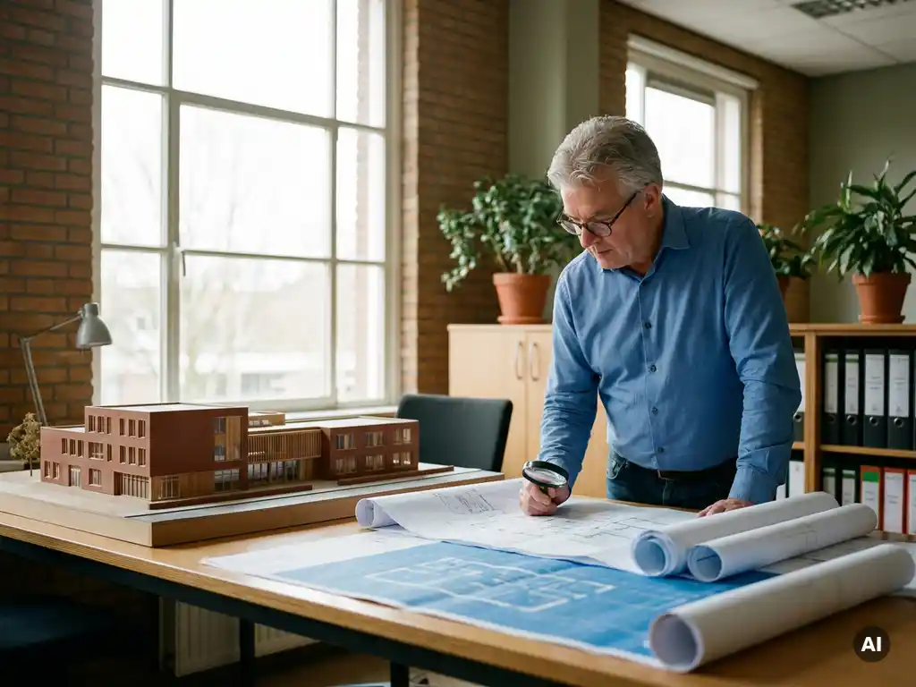 Bouwkostendeskundige bestudeert architectuurtekeningen op bureau naast schaalmodel van moderne Nederlandse school.