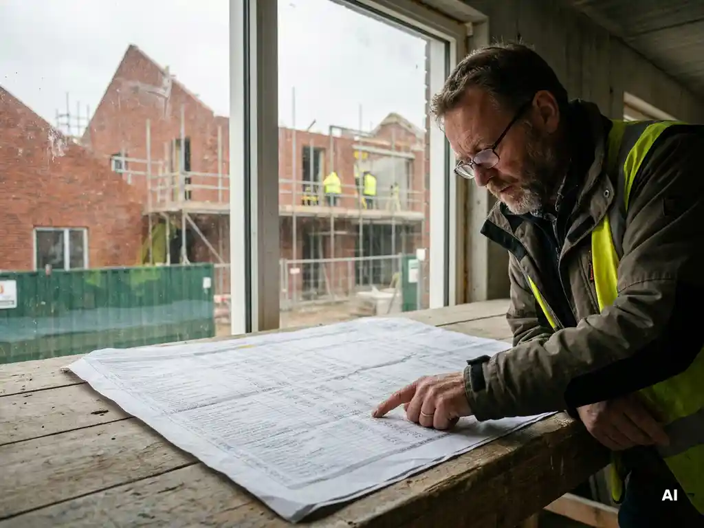 Kostenmanager bekijkt budgetoverzicht op bouwlocatie, Nederlandse school in aanbouw met bakstenen gevel en steigers zichtbaar op achtergrond.