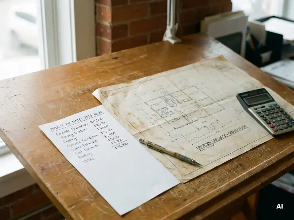 Versleten houten tekentafel met architectonische plattegrond, handgeschreven kostenraming, mechanisch potlood en calculator in zacht daglicht.