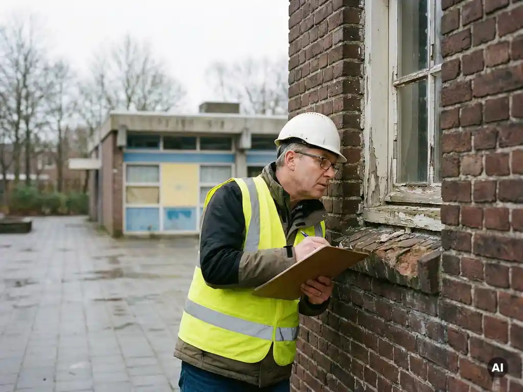 Bouwkundige inspecteur onderzoekt verweerde bakstenen gevel van Nederlandse school, klembord in hand, met focus op kozijndetail.