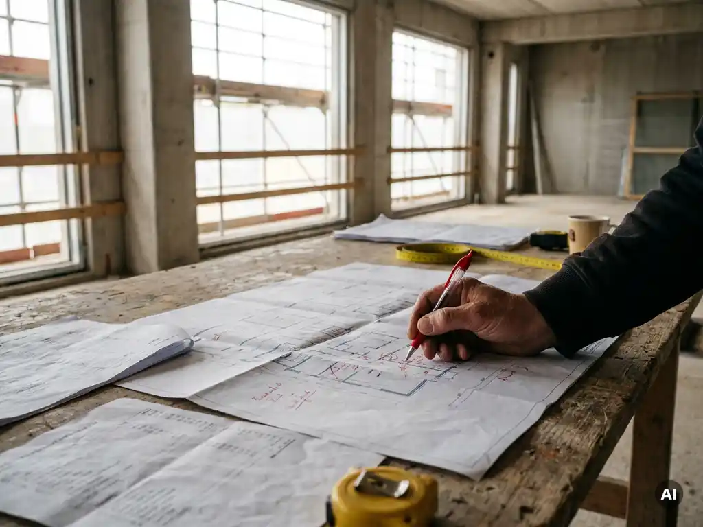 Bouwmanager markeert herziene plattegrond met rode pen op werftafel, omringd door kostenramingen en meetlint in aanbouw schoolgebouw.