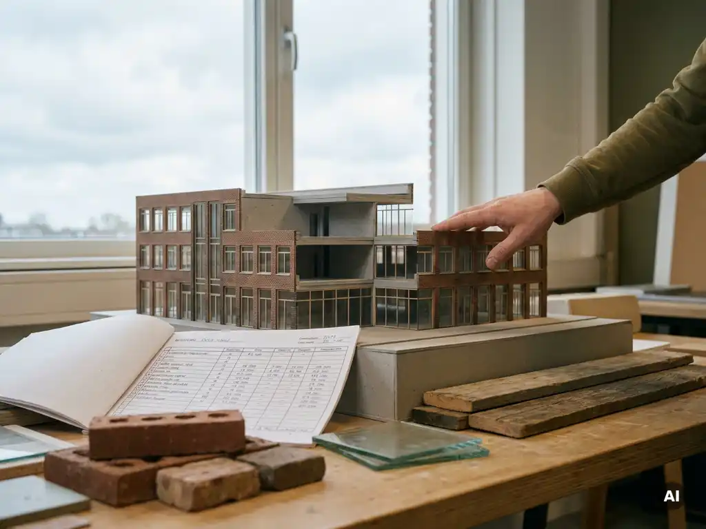 Architectonisch doorsnijdingsmodel van een Nederlandse school op een bureau met kostenramingen en materiaalstalen van baksteen, glas en hout.
