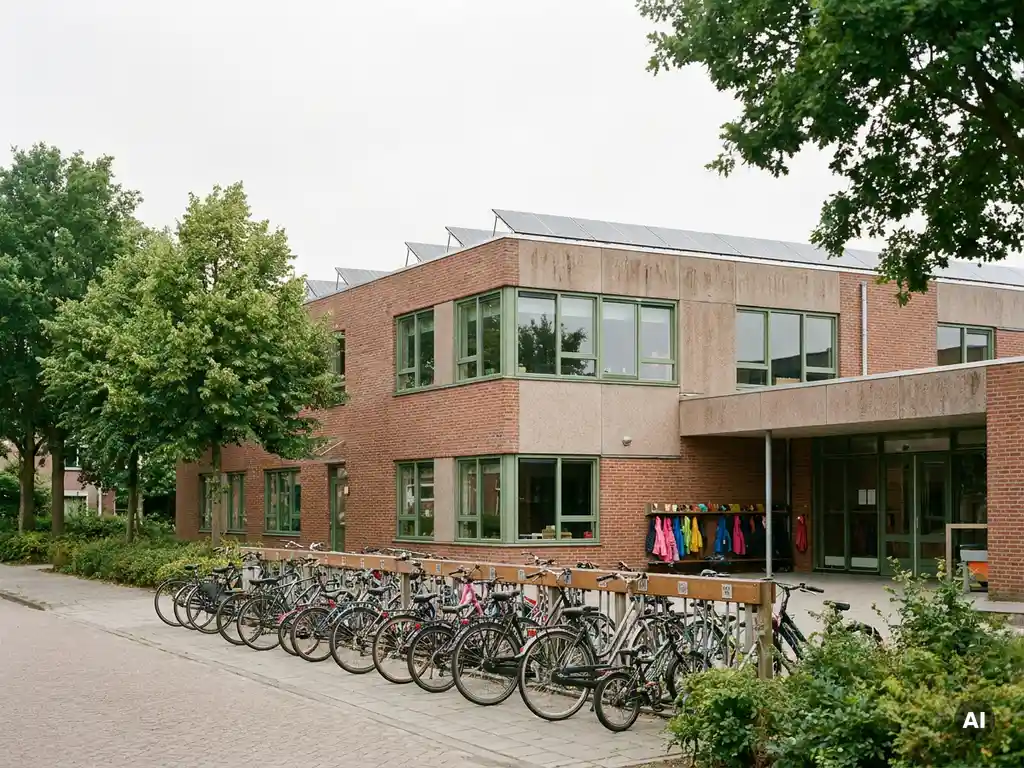 Moderne Nederlandse basisschool met grote ramen, zonnepanelen op het dak en fietsenrek, omgeven door groen.
