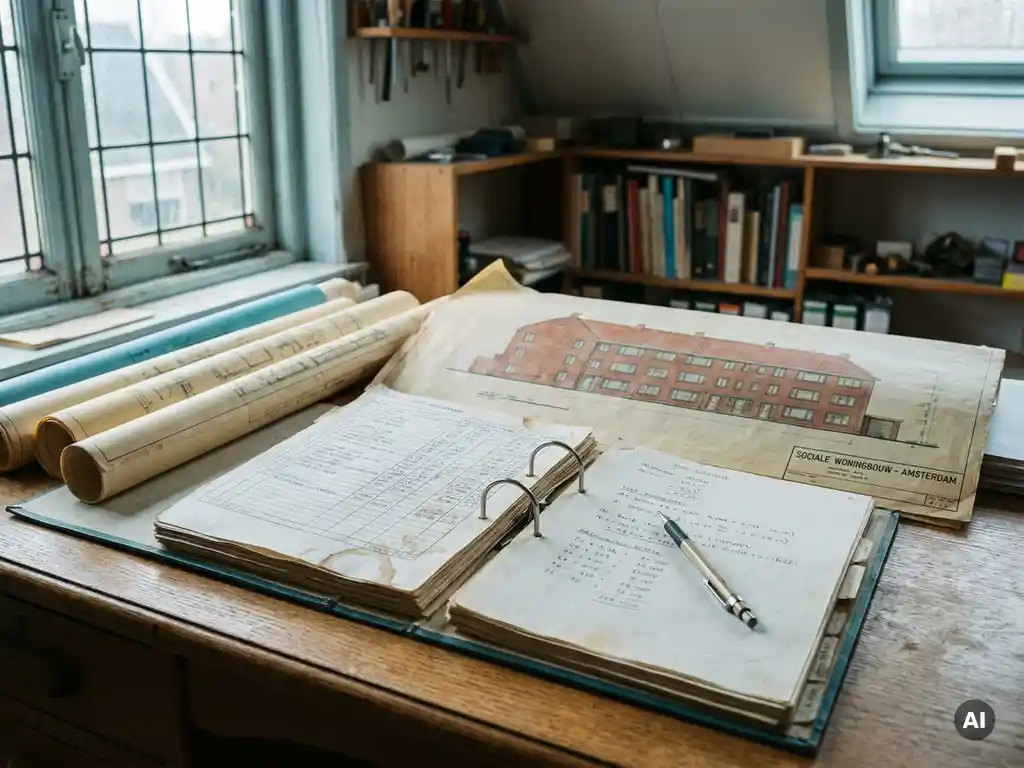 Kostenraming map opengeslagen op een verweerde eikenhouten bureau naast opgerolde architectuurtekeningen van een Nederlandse sociale woning.