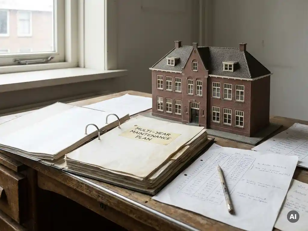 Open meerjarenonderhoudsplan naast schaalmodel van Nederlandse schoolgebouw op eiken bureau, met kostenoverzichten en potlood.