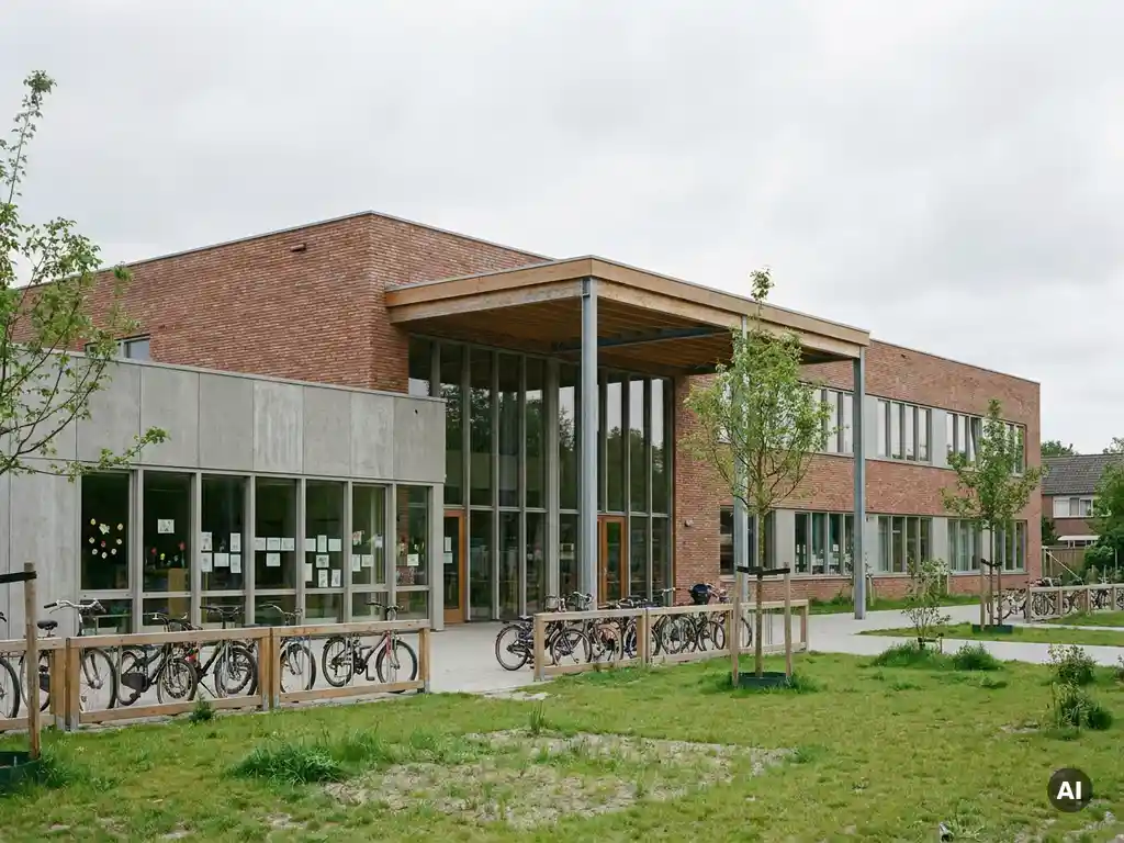 Moderne Nederlandse basisschool met rode bakstenen gevel, grote ramen en overkapping, omgeven door groen schoolplein met fietsenrekken.