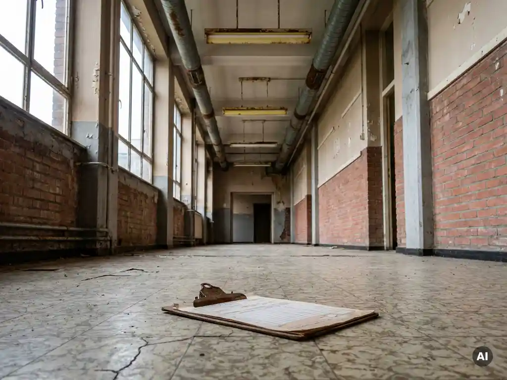 Verouderde schoolgang met blootliggende ventilatiekanalen, vergelde tl-armaturen en een inspectieklembord op de linoleumvloer.