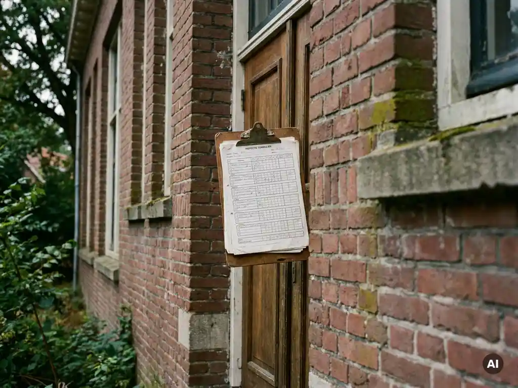 Verweerde Nederlandse bakstenen schoolgevel met inspectieklembord bij de ingang, omgeven door groene bomen in diffuus daglicht.