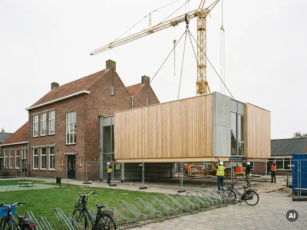 Prefab modulaire klaslokaaluitbreiding geplaatst op Nederlandse basisschool, rode bakstenen gevel met moderne houten module, bouwkraan zichtbaar.
