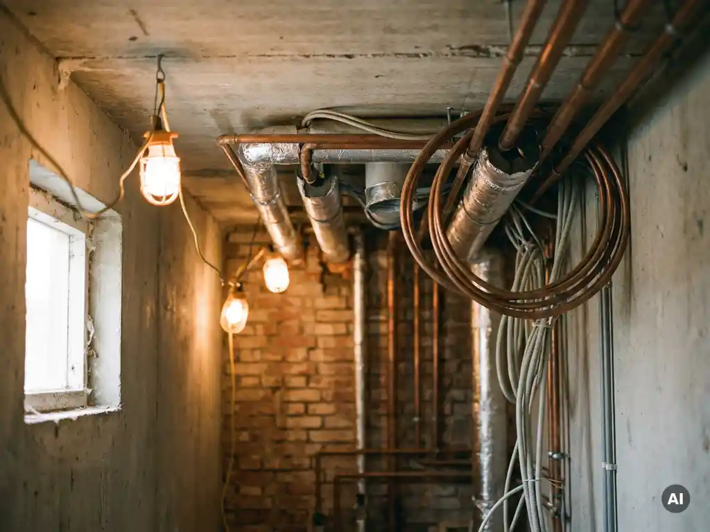 Blootgelegde installatieruimte in Nederlandse sociale woningbouw met koperen leidingen, ventilatiekanalen en elektrische bedrading aan betonnen plafond.