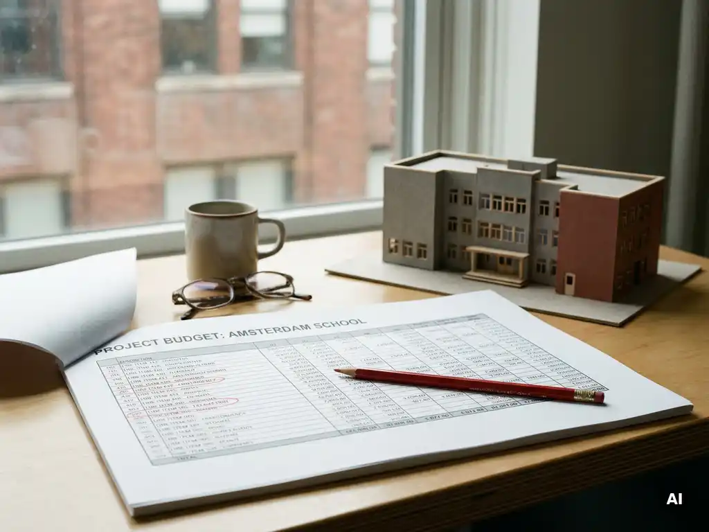 Bureau van een bouwkostendeskundige met schoolgebouw-begroting op papier, rode potlood-aantekeningen en architectuurmaquette in Nederlands daglicht.