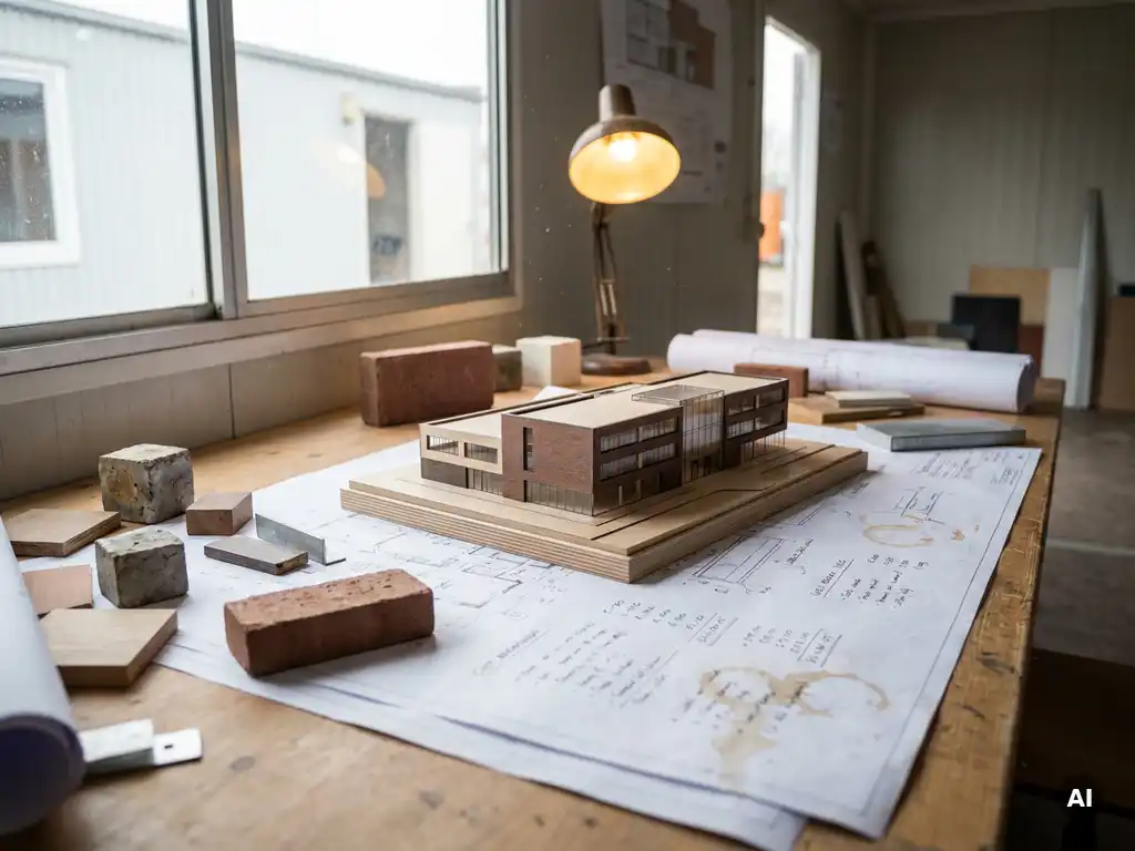Architectuurblueprint op bureaubureau met schaalmodel van moderne Nederlandse school, baksteenrode en betongrijs materiaalstalen, natuurlijk daglicht.