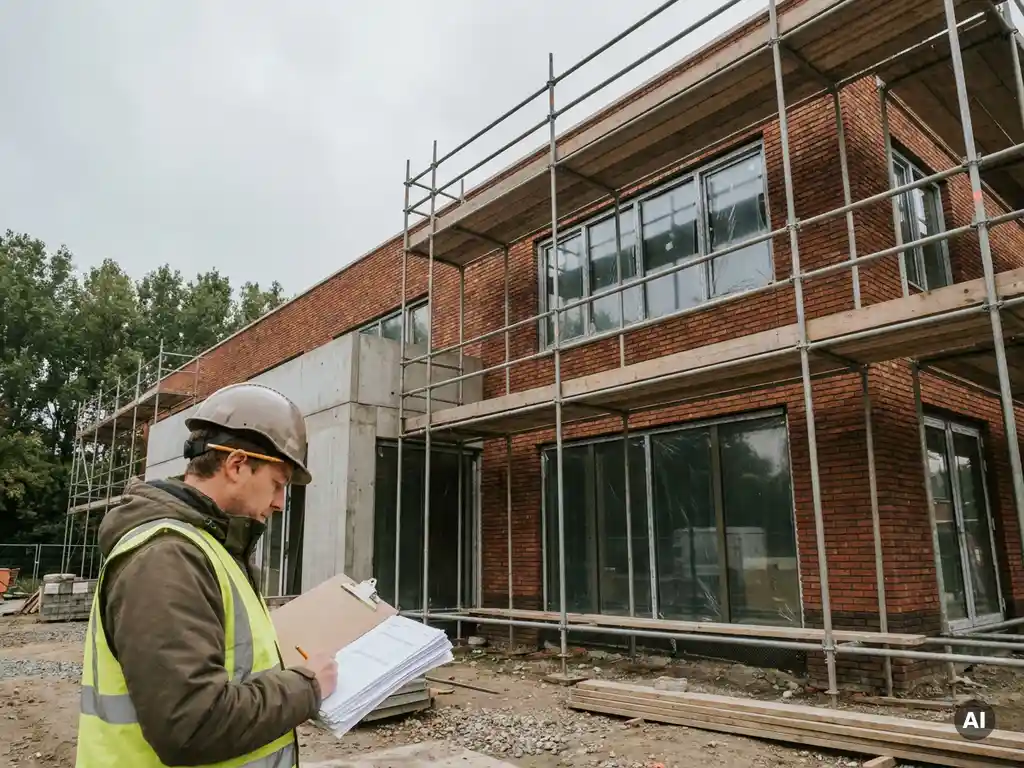 Project manager bestudeert kostendocumentatie bij Nederlandse school in aanbouw, omgeven door steigers en bakstenen gevel.