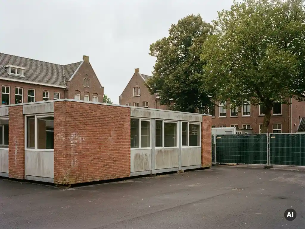 Modulaire tijdelijke schoolunit op schoolplein, omgeven door bakstenen basisschoolgebouwen en volwassen bomen in Nederland.