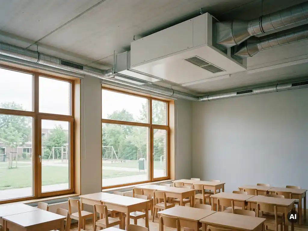 Plafondventilatie-unit in een lichte Nederlandse basisschoolklas met houten tafeltjes en grote ramen.